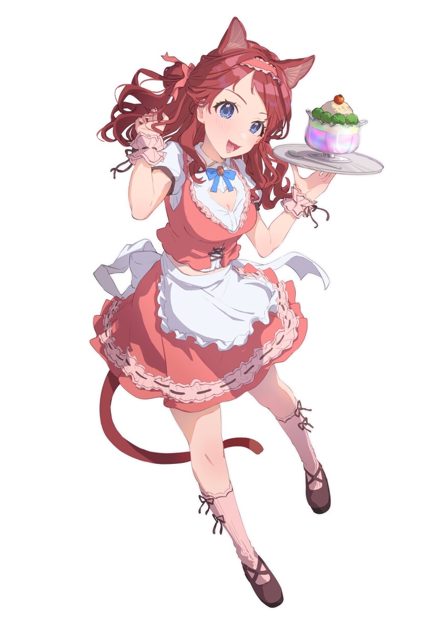 1girl absurdres alternate_costume animal_ears apron blue_eyes blush breasts cat_ears cat_tail cleavage cleavage_cutout clothing_cutout enmaided frilled_apron frilled_wristband frills gakuen_idolmaster hair_bun hanami_saki heart_cutout highres idolmaster kemonomimi_mode looking_at_viewer maid medium_breasts pink_socks red_hair shirt single_side_bun smile socks solo tail tanupon waist_apron white_apron white_shirt