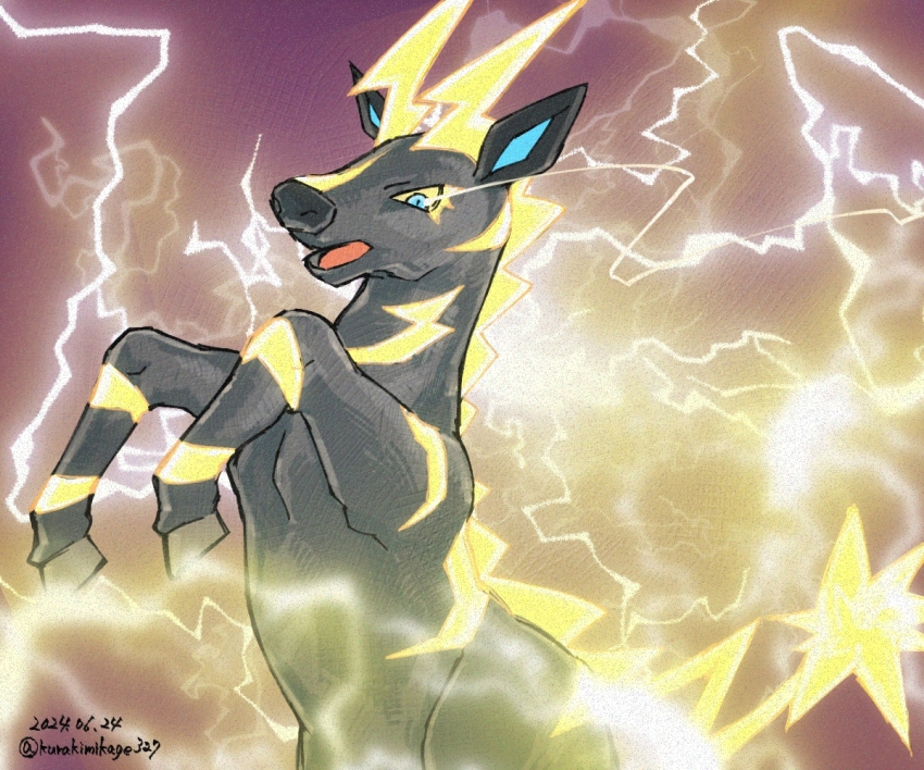 blue_eyes colored_sclera commentary_request dated electricity gen_5_pokemon kurakimikage327 looking_down nintendo no_humans open_mouth pokemon pokemon_(creature) solo tongue twitter_username watermark yellow_sclera zebstrika