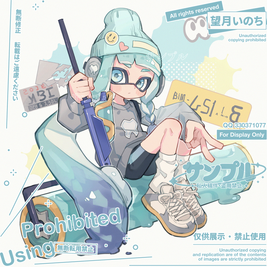 1girl absurdres artist_name beanie black_shorts blue_eyes blue_hair blue_hat blunt_bangs blush_stickers braid closed_mouth full_body grey_shirt hat highres holding_paint_roller inkling inkling_girl inkling_player_character long_hair long_sleeves looking_at_viewer mochizuki_inochi nintendo paint_roller shirt shoes shorts single_braid sitting sneakers socks solo splatoon_(series) tentacle_hair thick_eyebrows v watermark white_shoes white_socks
