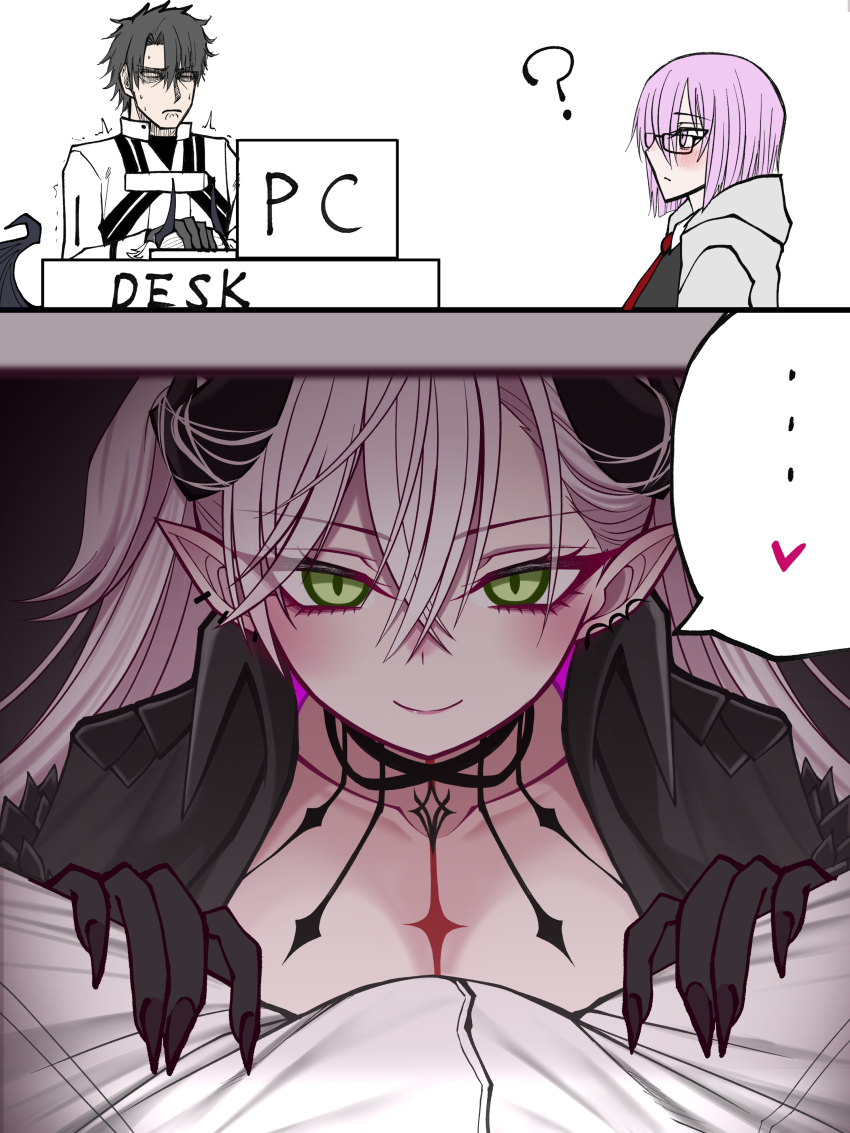 ... 1boy 2girls ? absurdres black_cloak black_hair black_hands blush body_markings breasts bulge choker cloak closed_mouth collarbone colored_extremities commentary_request crossed_bangs demon_girl demon_horns ear_piercing fate/grand_order fate_(series) fujimaru_ritsuka_(male) fujimaru_ritsuka_(male)_(decisive_battle_chaldea_uniform) green_eyes grey_hair hair_between_eyes heart highres horns jacket lilith_(fate) lilith_(second_ascension)_(fate) long_hair mash_kyrielight mcpc_zamurai medium_breasts multiple_girls piercing pink_hair pointy_ears short_hair smile spoken_ellipsis twintails very_long_hair white_jacket