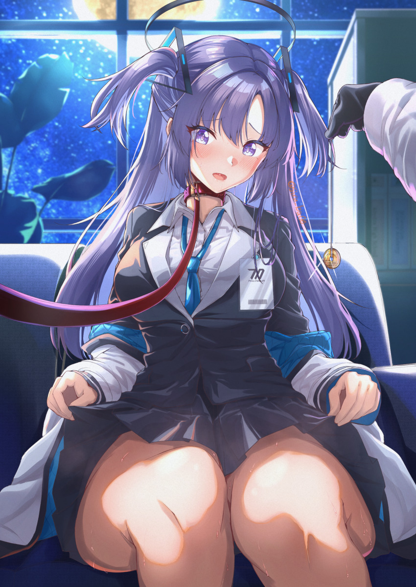 1girl absurdres animal_collar black_halo blue_archive blue_necktie clothes_lift collar hair_ornament halo highres id_card jacket jacket_partially_removed kagin_(kagou_shita_nanika) mechanical_halo necktie purple_eyes purple_hair skirt skirt_lift thick_thighs thighs triangle_hair_ornament two-sided_fabric two-sided_jacket two_side_up yuuka_(blue_archive)