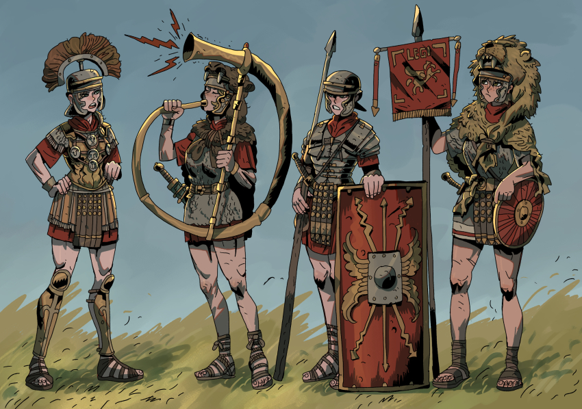 4girls animal_skin_hat armor banner cornu grass greaves greco-roman_clothes helmet highres ho-uja holding holding_polearm holding_weapon instrument javelin_(spear) multiple_girls music original pilum plate_armor playing_instrument polearm red_tunic roman_clothes roman_empire sandals scale_armor shield sword total_war tunic weapon