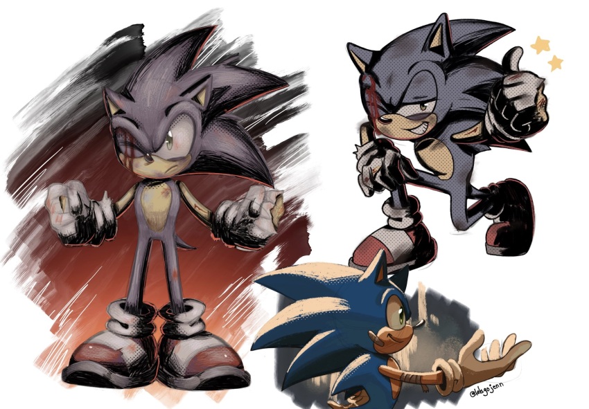 blood blue_fur destroyed_clothing gloves green_eyes highres injury kneeling letsgojenn looking_up patch plaster sega shoes smile smirk socks sonic_(series) sonic_frontiers sonic_the_hedgehog spiked_hair standing thumbs_up torn_clothes torn_gloves torn_shoes