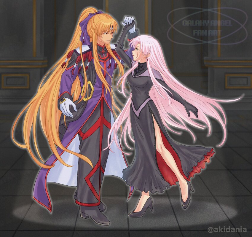 1boy 1girl black_dress blonde_hair dancing dress eonia_transbaal full_body galaxy_angel gloves highres holding_hands kitaru long_hair looking_at_another military_uniform pink_hair ponytail purple_ribbon ribbon sherry_bristol very_long_hair white_gloves