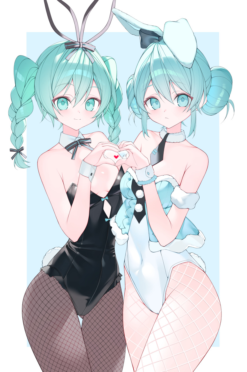 1girl absurdres animal_ears aqua_eyes aqua_hair bare_shoulders bicute_bunnies_miku bicute_bunnies_miku_(rurudo) bicute_bunnies_miku_(white_bunny) black_leotard blue_background border bow bow_button braid breasts cleavage double_bun ear_ribbon fake_animal_ears fishnet_pantyhose fishnets frilled_leotard frills fur_trim hair_between_eyes hair_bun hatsune_miku highres leotard looking_at_viewer medium_breasts necktie pantyhose playboy_bunny rabbit_ears rabbit_tail short_necktie solo strapless strapless_leotard sumi_(mizuoisiiii) tail tied_ears twin_braids twintails vocaloid white_border wrist_cuffs