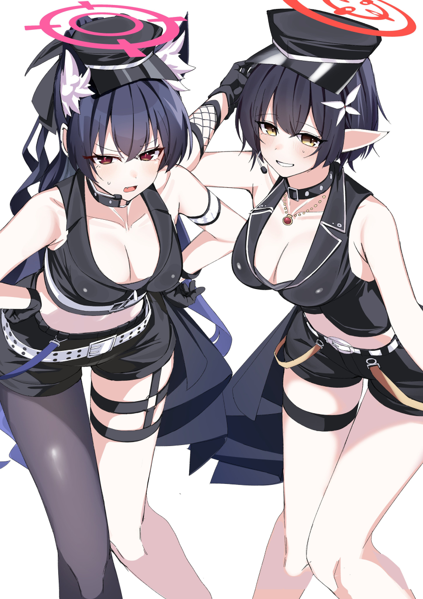 2girls absurdres animal_ear_fluff animal_ears asymmetrical_legwear ayane_(blue_archive) ayane_(idol)_(blue_archive) belt belt_collar black_gloves black_hair black_shorts blue_archive breasts cat_ears cleavage collar earpiece extra_ears gloves gunpuu halo hand_up hands_on_own_hips hat highres idol idol_clothes large_breasts long_hair looking_at_viewer multiple_girls no_eyewear official_alternate_costume official_alternate_hairstyle peaked_cap pink_halo pointy_ears red_eyes red_halo serika_(blue_archive) serika_(idol)_(blue_archive) short_shorts shorts smile thigh_strap white_belt