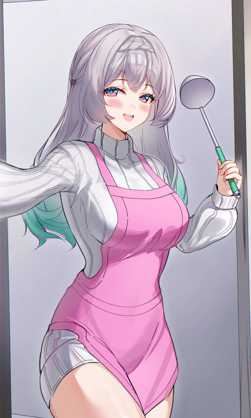 1girl absurdres alternate_costume apron breasts commentary_request cowboy_shot devl_ga_aru firefly_(honkai:_star_rail) gradient_hair green_hair grey_hair highres holding holding_ladle honkai:_star_rail honkai_(series) ladle large_breasts long_hair long_sleeves multicolored_hair open_mouth pink_apron purple_eyes ribbed_sweater solo sweater turtleneck turtleneck_sweater two-tone_hair white_sweater