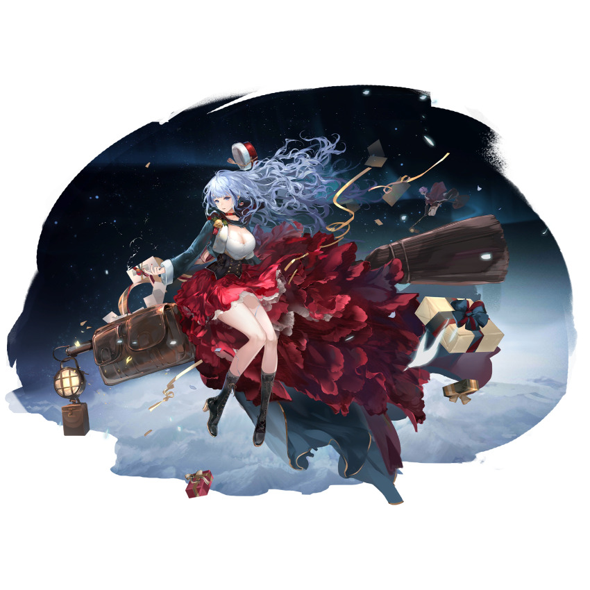 1girl 2girls artist_request black_boots black_jacket blue_eyes blue_hair boots breasts broom broom_riding check_artist christmas_present cleavage cropped_jacket dress floodlights flying game_cg gift girls&#039;_frontline girls&#039;_frontline_neural_cloud highres hubble_(neural_cloud) hubble_(star-questing_sorcerer)_(neural_cloud) jacket long_hair multiple_girls night official_alternate_costume official_art porafree red_dress sky solo_focus star_(sky) starry_sky third-party_source transparent_background