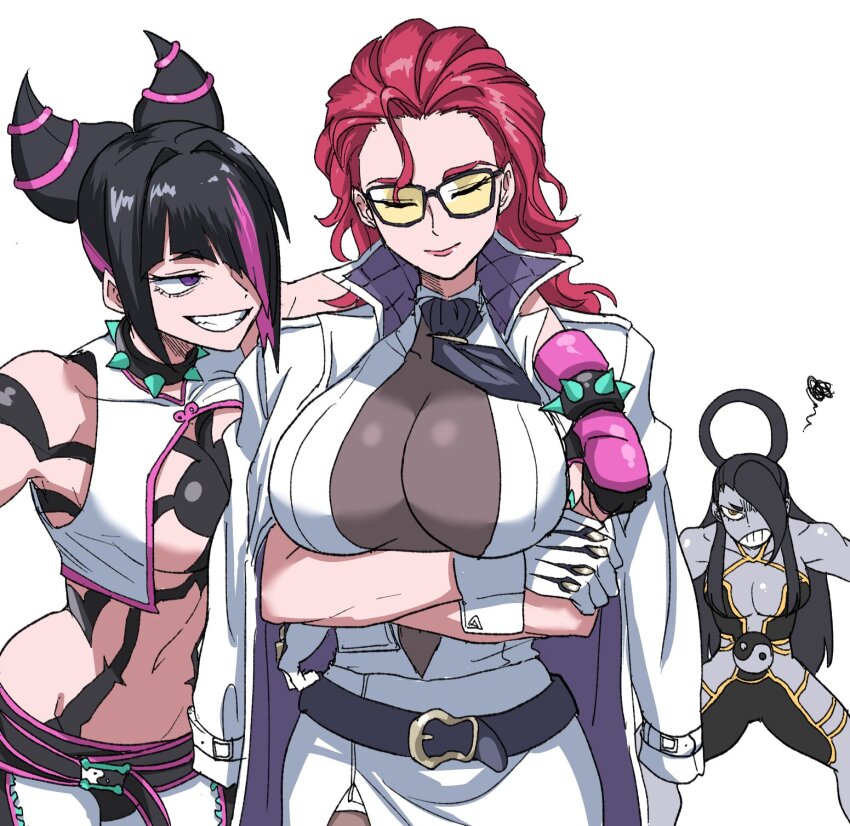 3girls arm_around_shoulder belt black_hair bracelet breasts coat coat_on_shoulders collar colored_skin crimson_viper female_seth_(street_fighter) grey_skin hair_horns hair_rings han_juri highres jewelry large_breasts medium_breasts metal_skin multicolored_hair multiple_girls nasu_(ilo_a5) necktie necktie_aside neon_trim orb red_hair seth_(street_fighter) single_hair_ring skirt smile spiked_bracelet spiked_collar spikes streaked_hair street_fighter street_fighter_6 street_fighter_v white_coat yin_yang yin_yang_orb