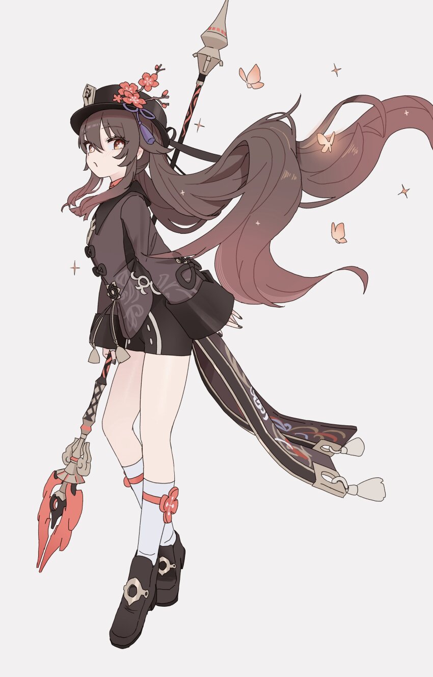 1girl absurdres black_hat black_nails black_shoes brown_hair bug butterfly chinese_clothes fingernails full_body genshin_impact hat highres holding holding_polearm holding_weapon hu_tao_(genshin_impact) insect long_hair looking_at_viewer origami_gyokuo pink_butterfly polearm shoes sidelocks simple_background solo weapon white_background