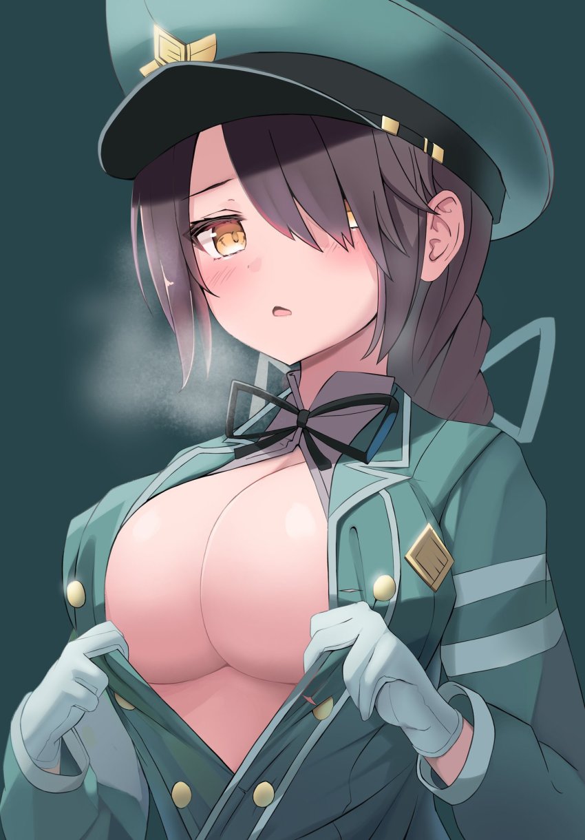 1girl artist_request bad_id bad_pixiv_id black_ribbon blouse braid breasts cleavage flashing gloves hair_over_one_eye hair_ribbon hat highres large_breasts long_hair military military_hat military_uniform neck_ribbon no_bra open_clothes open_shirt peaked_cap pin ribbon sequel_(series) sequel_awake sequel_blight shirt single_braid tirma_riema white_gloves yellow_eyes