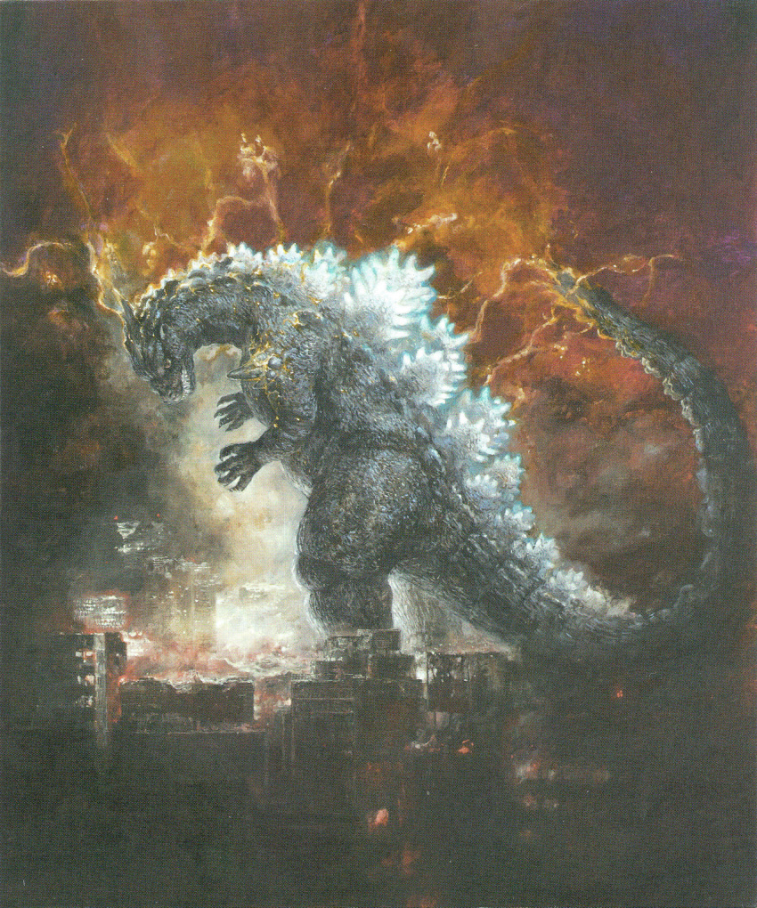 advance_communication_company city cloud cloudy_sky crest dinosaur electricity energy glowing godzilla godzilla_(series) highres kato_naoyuki lightning night official_art orange_electricity sharp_teeth shoulder_spikes sky spikes super_godzilla super_godzilla_(character) tail teeth transformation