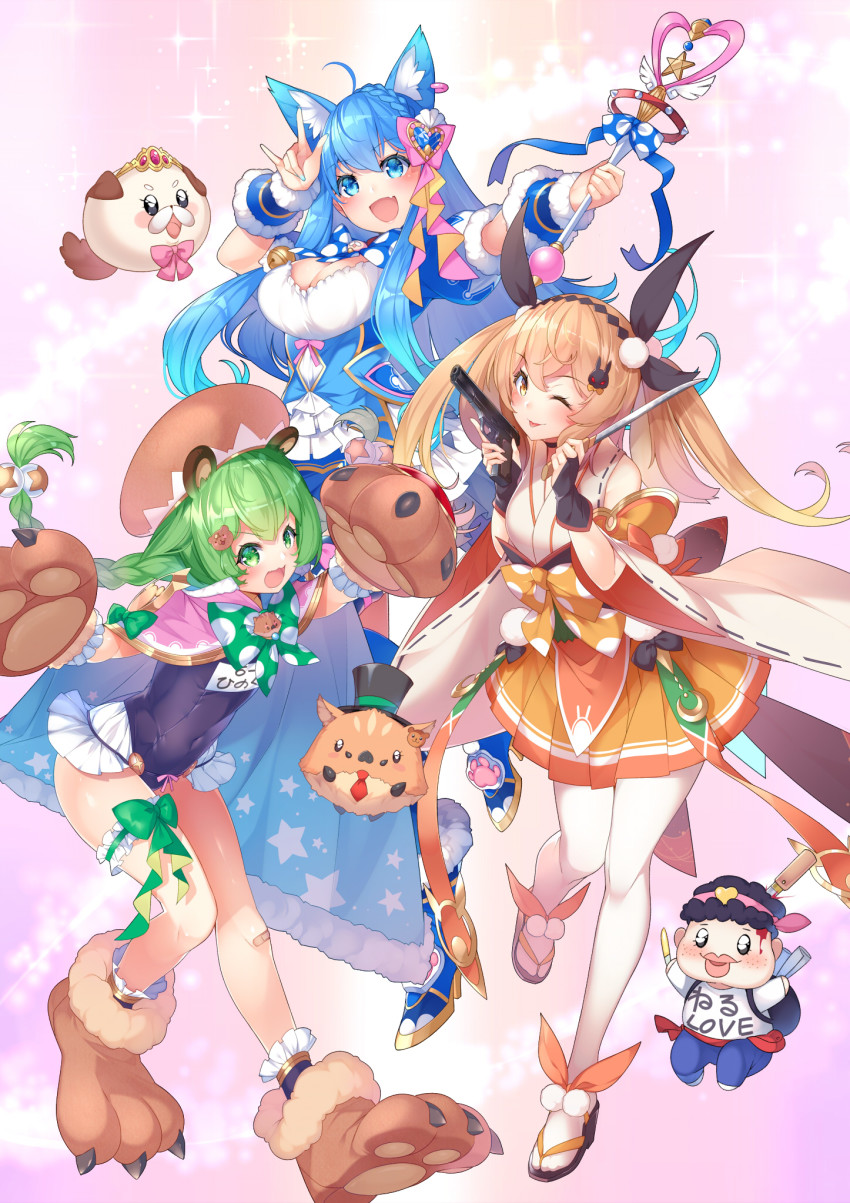 1boy 3girls :d ;p ahoge animal_ear_fluff animal_ears animal_hands animare arm_up bandaid bandaid_on_knee bandaid_on_leg bare_shoulders bear_ears bear_hair_ornament bell beret black_footwear black_hair black_headwear black_one-piece_swimsuit black_ribbon blood blood_on_face blue_bow blue_cape blue_dress blue_eyes blue_footwear blue_hair blue_legwear blue_nails blue_pants blush boots bow braid breasts bridal_gauntlets brown_bow brown_eyes brown_footwear brown_gloves brown_headwear brown_skirt cape chibi cleavage closed_mouth commentary_request covered_navel crescent detached_sleeves dress dual_wielding fang fox_shadow_puppet frills fur-trimmed_boots fur-trimmed_cape fur-trimmed_sleeves fur_trim gloves green_bow green_eyes green_hair grey_eyes gun hair_ornament hair_ribbon handgun hat heart high_heel_boots high_heels highres hinokuma_ran holding holding_gun holding_knife holding_wand holding_weapon inaba_haneru_(animare) japanese_clothes jingle_bell kimono knife kokka_han large_breasts light_brown_hair long_hair long_sleeves looking_at_viewer multiple_girls nail_polish name_tag nanashi_inc. old_school_swimsuit one-piece_swimsuit one_eye_closed open_mouth outstretched_arm pants pantyhose paw_gloves paw_shoes pink_background pink_bow pink_cape pistol pleated_skirt polka_dot polka_dot_bow puffy_short_sleeves puffy_sleeves red_neckwear ribbon ribbon-trimmed_sleeves ribbon_trim sandals school_swimsuit shirt shoes short_sleeves skirt sleeveless sleeveless_kimono smile souya_ichika sparkle stab swimsuit thighhighs tiara tongue tongue_out topless_female twintails v-shaped_eyebrows very_long_hair virtual_youtuber wand weapon weapon_request white_kimono white_legwear white_shirt white_sleeves wide_sleeves zouri