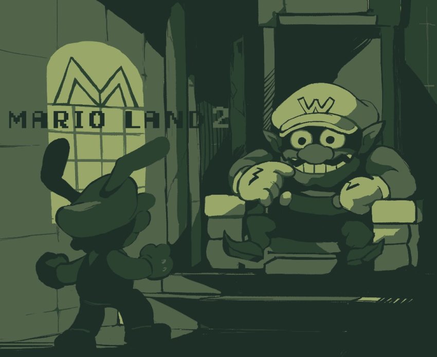 2boys animal_ears arm_rest battle big_nose bunny_mario buttons clenched_hands copyright_name evil_grin evil_smile faceoff facial_hair fat fat_man finger_to_mouth from_behind gloves grin hat indoors long_sleeves looking_at_another mario mario_(series) monochrome multiple_boys mustache nintendo overalls pointy_ears pointy_footwear rabbit_ears rinabe_(@rfufvas3phbxkxa) shirt sitting smile solid_eyes spread_legs stairs standing super_mario_land_2 teeth throne wall wario window
