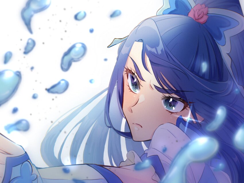 1girl blue_eyes blue_hair close-up closed_mouth commentary_request cure_aqua hair_tie highres long_hair looking_ahead magical_girl minazuki_karen ponytail precure shigen_pr short_sleeves simple_background solo sparkle swept_bangs water white_background yes!_precure_5 yes!_precure_5_gogo!