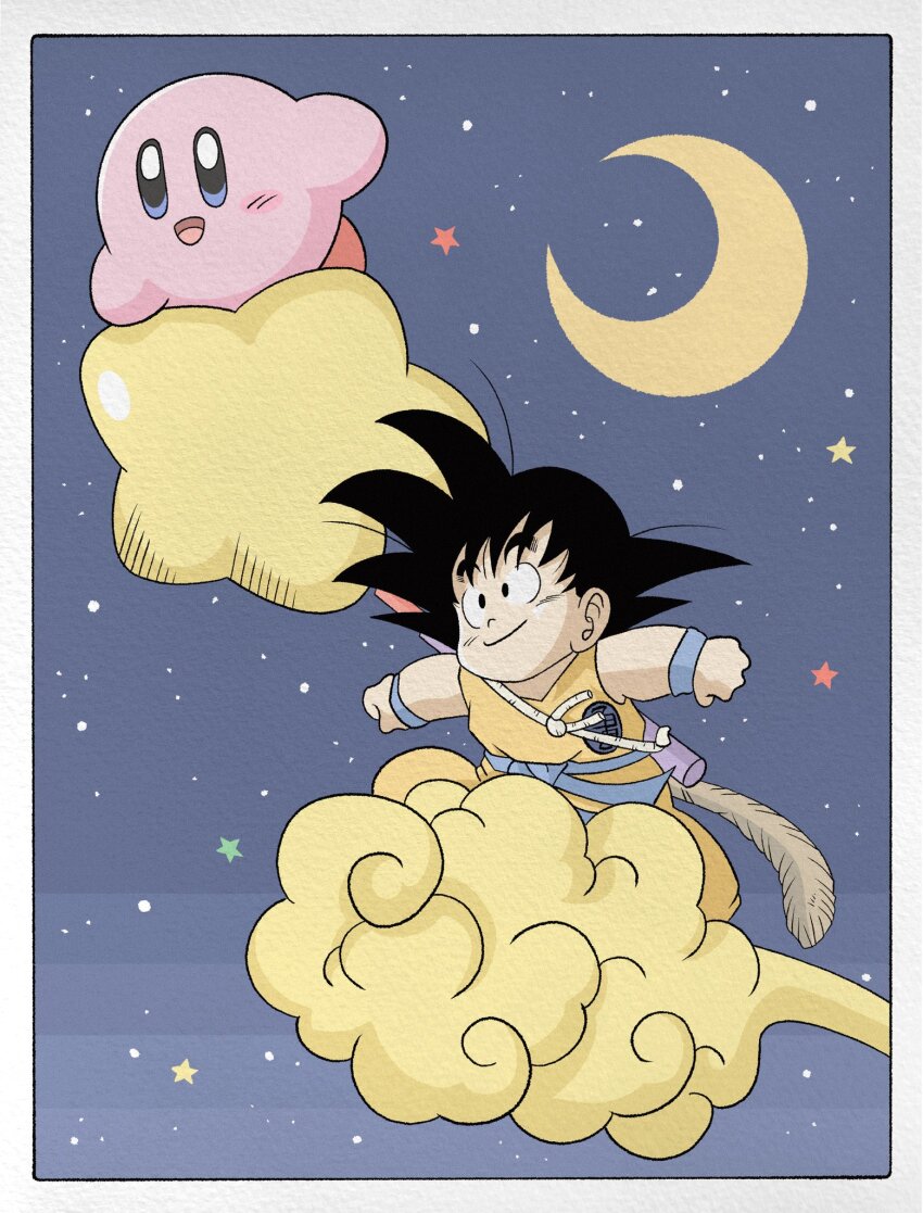 2boys black_eyes black_hair blue_eyes colored_skin crescent_moon dougi dragon_ball dragon_ball_(classic) flying_nimbus highres kirby kirby_(series) medium_hair monkey_tail moon multiple_boys night nintendo orange_pants orange_shirt pants pink_skin shirt smile son_goku spiked_hair star_(sky) tail warp_star wesatinthecar