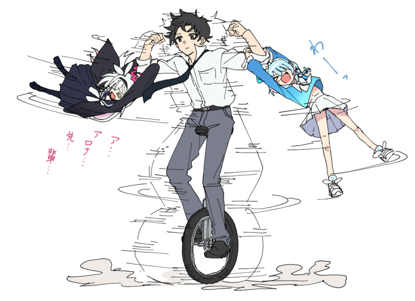 &gt;_&lt; 1boy 2girls @_@ arona_(blue_archive) black_coat black_eyes black_hair black_necktie black_serafuku black_skirt blue_archive blue_hair bow coat colored_inner_hair excited expressionless flexing full_body grey_pants hair_bow hair_over_one_eye halo hanging_on_arm long_hair long_skirt long_sleeves midriff_peek momomatang motion_lines multicolored_hair multiple_girls necktie on_unicycle open_mouth pants pink_hair plana_(blue_archive) playing pleated_skirt school_uniform sensei_(blue_archive) serafuku shirt shirt_tucked_in short_hair simple_background skirt smile spinning translation_request unicycle white_background white_bow white_hair white_shirt white_skirt