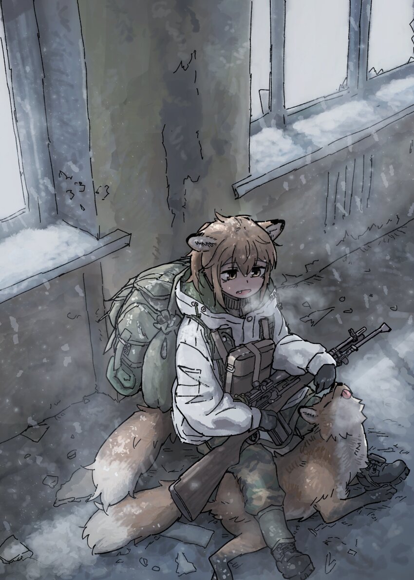 1girl absurdres animal_ears backpack bag battle_rifle brown_eyes brown_hair camouflage camouflage_pants fox fox_ears fox_girl fox_girl_(yihan_world) fox_tail gun hair_between_eyes highres holding holding_gun holding_weapon jacket m14 m21 original pants rifle scope snow tail tongue tongue_out weapon white_jacket winter yihan_world