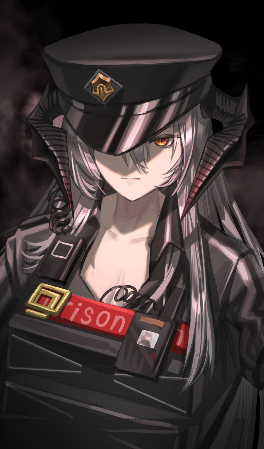 1girl absurdres arknights black_hat closed_mouth grey_hair hat highres horns long_hair military_hat official_alternate_costume one_eye_covered orange_eyes police saria_(arknights) saria_(the_law)_(arknights) shale solo upper_body