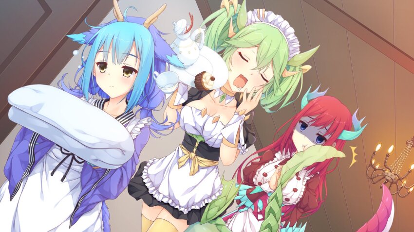 3girls apron bed_sheet blue_eyes blue_hair blue_kimono breasts chandelier chef cleavage closed_eyes closed_mouth collarbone cup cupcake detached_collar dragon_girl dragon_horns dragon_tail dragon_wings duel_monster eastern_dragon_horns food frilled_apron frilled_sleeves frills green_hair highres holding holding_sheet horns indoors japanese_clothes kimono kitchen_dragonmaid laundry_dragonmaid long_hair long_sleeves maid maid_apron medium_breasts multiple_girls parlor_dragonmaid puffy_long_sleeves puffy_short_sleeves puffy_sleeves red_hair short_sleeves short_twintails sleepy tail tail_on_face takkayuuki teacup teapot thighhighs twintails wa_maid waist_apron white_apron wings wrinkled_fabric wrist_cuffs yawning yellow_eyes yellow_thighhighs yu-gi-oh! zettai_ryouiki