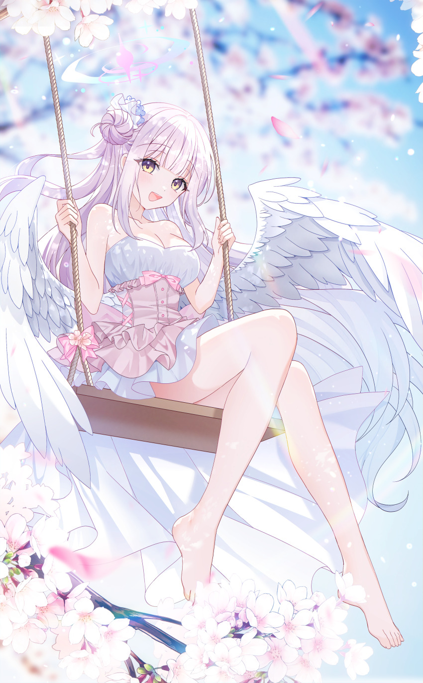 1girl :d absurdres angel_wings bare_legs barefoot blue_archive blush bodice breasts cherry_blossoms cleavage commentary_request falling_petals hair_between_eyes hair_bun hair_ornament hair_scrunchie halo head_tilt highres looking_at_viewer mika_(blue_archive) on_swing open_mouth outdoors petals pink_hair pink_halo pink_ribbon ribbon scrunchie seno_(senohime) sidelocks single_side_bun smile swing wings yellow_eyes