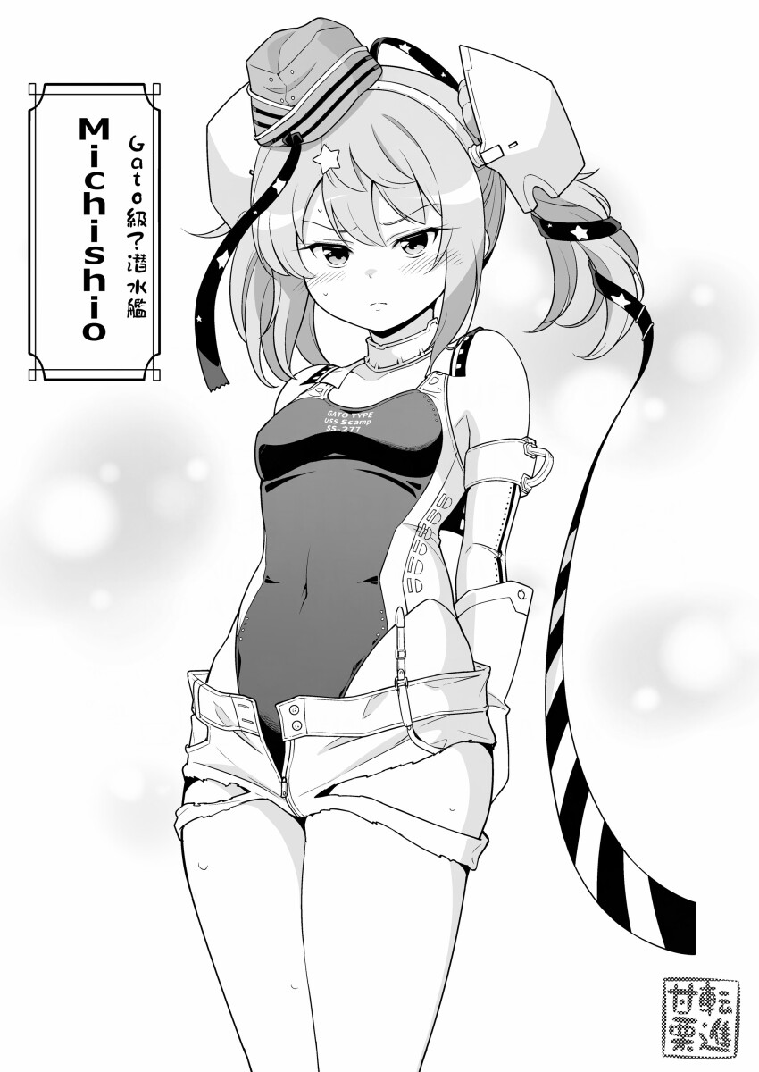 1girl absurdres black_one-piece_swimsuit commentary_request competition_swimsuit cosplay garrison_cap gloves greyscale hair_ornament hair_ribbon hat headgear highleg highleg_one-piece_swimsuit highres kantai_collection michishio_(kancolle) monochrome one-piece_swimsuit ribbon scamp_(kancolle) scamp_(kancolle)_(cosplay) short_shorts shorts solo star_(symbol) star_hair_ornament swimsuit tenshin_amaguri_(inobeeto) two-tone_one-piece_swimsuit white_gloves white_shorts