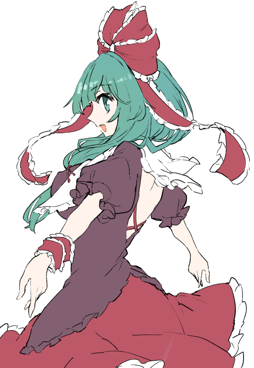 arm_ribbon bow deetamu dress front_ponytail green_eyes green_hair hair_bow hair_ribbon highres kagiyama_hina red_bow red_dress red_ribbon ribbon simple_background touhou white_background
