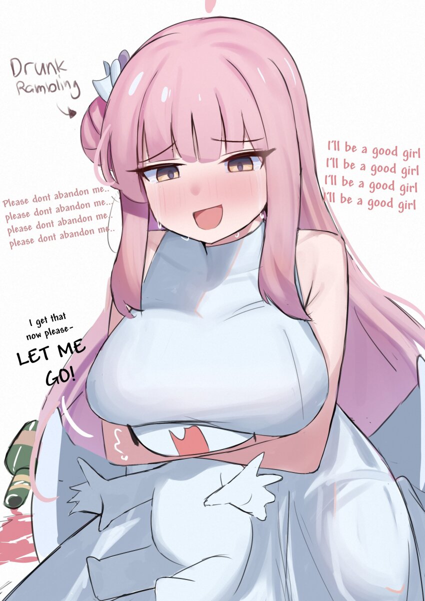 1boy 1girl absurdres alcohol angel_wings blue_archive bottle breasts commentary crying doodle_sensei_(blue_archive) dress drunk english_commentary english_text feathered_wings hair_bun hair_ornament hair_scrunchie halo highres iog626 large_breasts mika_(blue_archive) pink_hair scrunchie sensei_(blue_archive) single_side_bun sketch solo_focus streaming_tears tears white_background white_dress white_scrunchie white_wings wine wine_bottle wings yellow_eyes