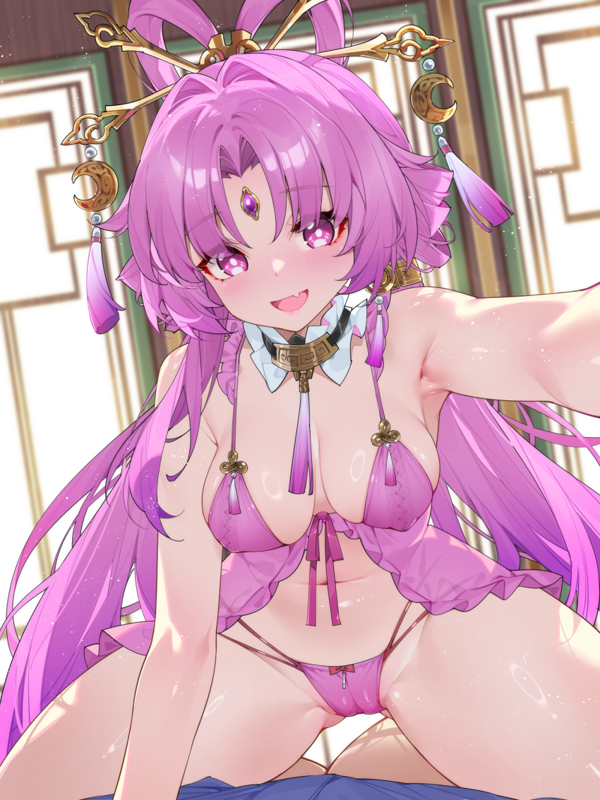 1girl 1other alternate_breast_size babydoll breasts cameltoe commentary english_commentary fang forehead_jewel fu_xuan_(honkai:_star_rail) girl_on_top highres honkai:_star_rail honkai_(series) indoors large_breasts long_hair looking_at_viewer mixed-language_commentary navel paid_reward_available panties pink_babydoll pink_eyes pink_hair pink_panties skin_fang stomach underwear very_long_hair waterring
