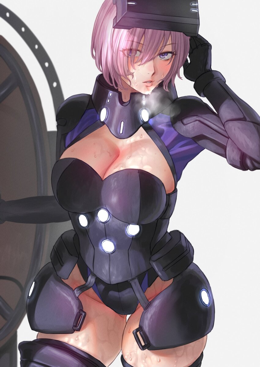 1girl armor armored_leotard black_armor black_gloves black_leotard black_thighhighs blush breasts cleavage elbow_gloves fate/grand_order fate_(series) gloves hair_over_one_eye head-mounted_display highres large_breasts leotard long_sleeves looking_at_viewer lord_camelot_(fate) mash_kyrielight mash_kyrielight_(ortenaus) pink_hair purple_eyes shield short_hair solo thighhighs thighs tonko_from