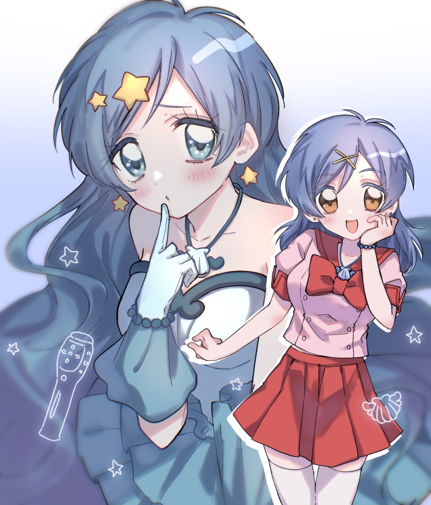 1girl absurdres bare_shoulders blue_dress blue_eyes blue_gloves blue_hair blush bracelet breasts brown_eyes collarbone dress earrings finger_to_mouth gloves hair_ornament hand_on_own_cheek hand_on_own_face highres houshou_hanon houshou_hanon_(idol) jewelry large_breasts looking_at_viewer mermaid_melody_pichi_pichi_pitch microphone necklace open_mouth parted_lips pink_shirt red_skirt seashell shell shirt short_sleeves simple_background skirt sleeveless smile star_(symbol) star_earrings star_hair_ornament thighhighs white_thighhighs yin_yang6 zettai_ryouiki