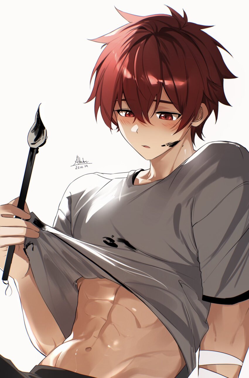 1boy alticute alticute_(vtuber) black_pants blush calligraphy_brush clothes_lift grey_shirt hair_between_eyes highres holding holding_calligraphy_brush holding_paintbrush indie_virtual_youtuber male_focus navel open_clothes open_mouth open_shirt paintbrush pants red_eyes red_hair shirt shirt_lift short_hair solo stomach virtual_youtuber