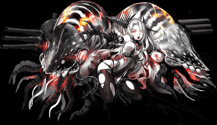 1girl abyssal_ship batavia_princess bracer breasts claws colored_skin cracked_shell female_focus gauntlets glowing glowing_cracks glowing_eyes headgear kantai_collection kneeling long_hair nautilus_(animal) official_art open_mouth outstretched_arm red_eyes ship_turret sideboob slit_pupils solo spread_fingers thighhighs thighs torn_clothes torn_thighhighs transparent_background underboob very_long_hair white_skin zeco