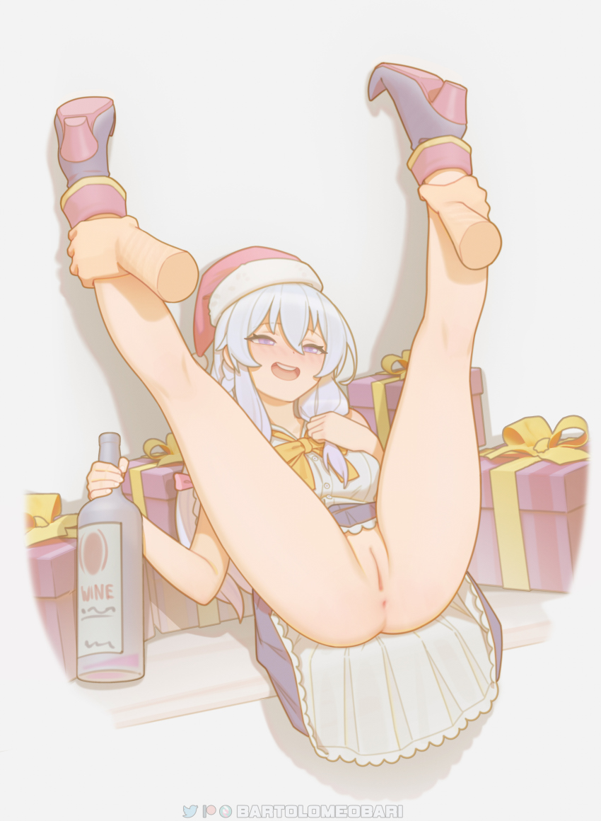 1girl :d absurdres alcohol anus artist_name bartolomeobari blue_hair bottle bottomless bow bowtie box braid cleft_of_venus commentary disembodied_hand drunk elaina_(majo_no_tabitabi) english_commentary flexible folded full_body gift gift_box hair_between_eyes hand_on_own_chest hat high_heels highres holding holding_bottle kneepits legs legs_up light_blue_hair long_hair majo_no_tabitabi open_mouth purple_eyes pussy round_teeth santa_hat shoes side_braid single_braid smile solo_focus teeth twitter_logo uncensored upper_teeth_only wine_bottle yellow_bow yellow_bowtie