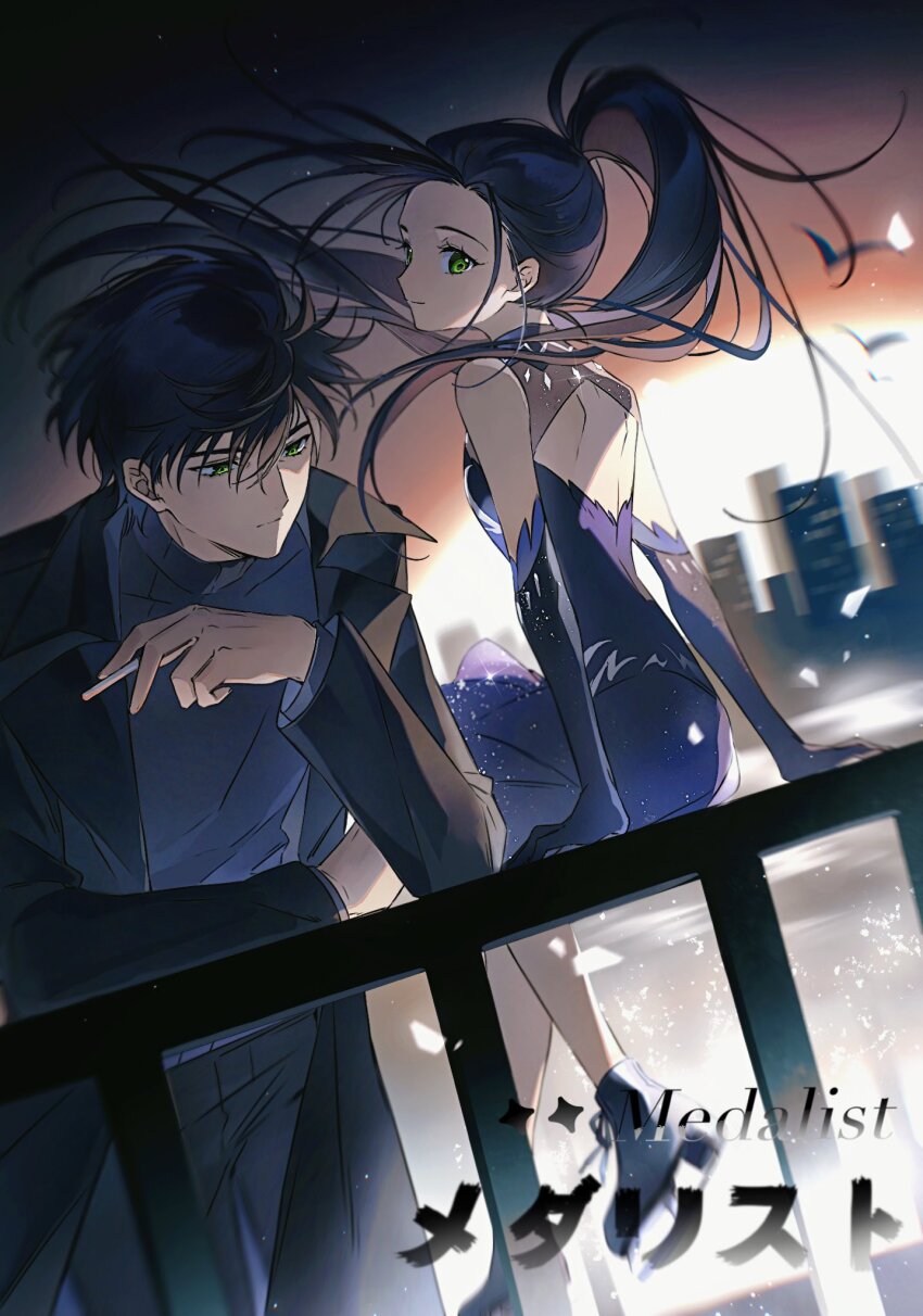 1boy 1girl black_coat black_hair black_shirt black_skirt coat figure_skating_dress green_eyes highres kamisaki_hikaru medalist_(manga) osamu18568716 ponytail shirt short_hair skirt yodaka_jun