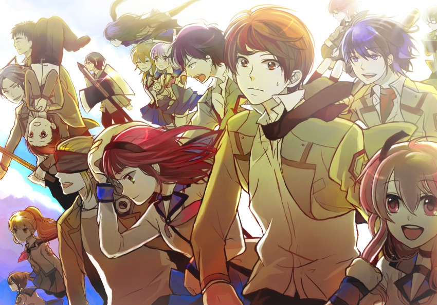 10s 6+boys 6+girls angel_beats! aya_tori everyone fujimaki_(angel_beats!) halberd headset hinata_hideki hisako_(angel_beats!) irie_miyuki iwasawa_masami long_hair matsushita_(angel_beats!) microphone multiple_boys multiple_girls nakamura_yuri noda_(angel_beats!) ooyama_(angel_beats!) otonashi_yuzuru polearm school_uniform sekine_shiori serafuku shiina_(angel_beats!) shirasaya takamatsu_(angel_beats!) takeyama_(angel_beats!) tk_(angel_beats!) weapon yui_(angel_beats!) yusa_(angel_beats!)