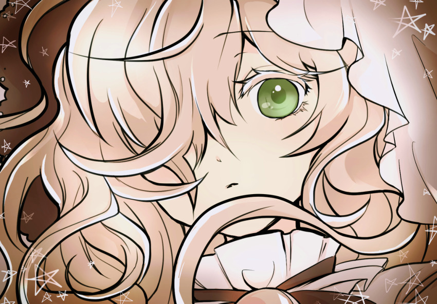 1girl green_eyes head_only long_hair looking_at_viewer magical_girl mahou_shoujo_madoka_magica mahou_shoujo_oriko_magica makaronina mikuni_oriko one_eye_covered portrait solo star_(symbol) white_hair