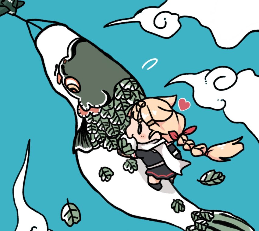 0_0 1girl black_serafuku black_shirt black_skirt blonde_hair blue_sky braid chibi cloud dyson_(edaokunnsaikouya) eating food highres kantai_collection koinobori long_hair mochi riding sakura_mochi scarf school_uniform serafuku shirt single_braid skirt sky solo wagashi white_scarf windsock yuudachi_(kancolle) yuudachi_kai_ni_(kancolle)