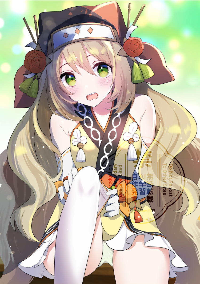 1girl absurdres azusa_(azchemist63) bandana bare_shoulders blonde_hair blurry blurry_background blush breasts celine_(fire_emblem) celine_(ninja)_(fire_emblem) commission elbow_gloves embarrassed fire_emblem fire_emblem_engage fire_emblem_heroes forehead_protector gloves green_eyes hair_between_eyes highres japanese_clothes long_hair looking_at_viewer ninja nintendo official_alternate_costume open_mouth panties pantyshot putting_on_legwear skeb_commission small_breasts solo sweatdrop teeth thighhighs underwear upper_teeth_only upskirt very_long_hair white_gloves white_panties white_thighhighs