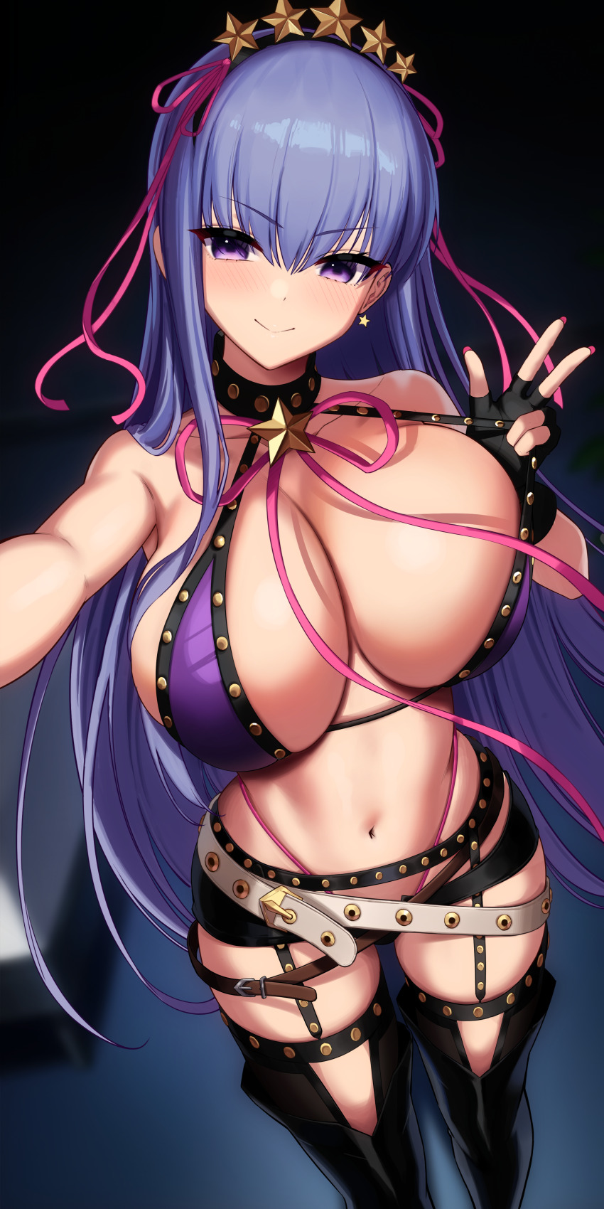 1girl absurdres bare_shoulders bb_(fate) bb_(swimsuit_mooncancer)_(fate) bb_(swimsuit_mooncancer)_(second_ascension)_(fate) belt bikini black_gloves black_hairband black_shorts black_thighhighs blush breasts closed_mouth commentary earrings english_commentary fate/grand_order fate_(series) fingerless_gloves gloves gyaru hair_ornament hairband highleg highleg_bikini highres jewelry kook large_breasts long_hair looking_at_viewer micro_shorts navel pink_bikini purple_bikini purple_eyes purple_hair rokku_gyaru shorts smile solo star_(symbol) star_earrings stomach strap_pull swimsuit thighhighs thighs white_belt
