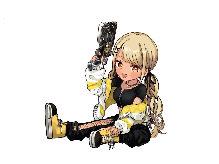 1girl apex_legends b3_wingman black_pants black_ribbon black_shirt blonde_hair chibi chibi_only clothing_cutout collar collarbone crop_top cropped_shirt fishnet_cutout gun gyaru hair_ornament hair_ribbon hairpin hanada_ten handgun highres holding holding_gun holding_weapon jacket kaminari_qpi kaminari_qpi_(2nd_costume) leg_cutout long_sleeves low_twintails multicolored_jacket multicolored_shoes off_shoulder open_mouth orange_eyes pants parted_bangs ribbon shirt shoes sidelocks sitting sneakers solo spiked_collar spikes twintails two-tone_jacket two-tone_shoes virtual_youtuber vspo! weapon white_background yellow_shoes