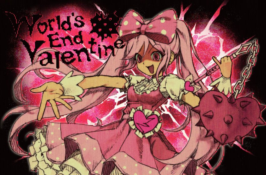 1girl aseupilin666 belt bow broken_heart buttons center_frills club_(weapon) crazy_eyes crazy_smile dress english_text frills hair_bow heart highres holding holding_weapon long_sleeves omori petticoat pink_bow pink_dress pink_eyes pink_hair pleated_dress polka_dot polka_dot_bow puffy_short_sleeves puffy_sleeves shaded_face short_sleeves simple_background smile solo sweetheart_(omori) twintails weapon wrist_cuffs
