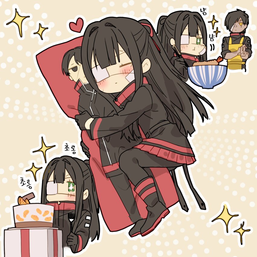 1boy 1girl apron black_footwear black_hair black_pantyhose blush boots bowl cake closed_mouth dakimakura_(object) eating eyepatch food fork fruit green_eyes half_updo heart highres holding holding_fork hugging_object korean_text library_of_ruina long_hair long_sleeves mandarin_orange medical_eyepatch michael_(8m71d) pantyhose pillow pillow_hug pleated_skirt project_moon red_skirt shi_association_south_uniform sidelocks skirt sparkle tempura tenma_(project_moon) translation_request v valentin_(project_moon) very_long_hair yellow_apron yellow_eyes yujin_(project_moon) yuri