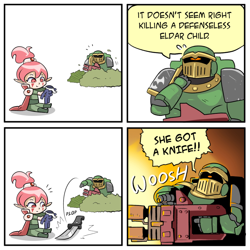 adeptus_astartes armor bush comic doll eldar english_text firing flamethrower green_armor helmet hiding highres holding holding_doll imperium_of_man knife launching mick19988 pauldrons pink_eyes pink_hair pointy_ears power_armor salamanders shoulder_armor sound_effects space_marine speech_bubble warhammer_40k weapon