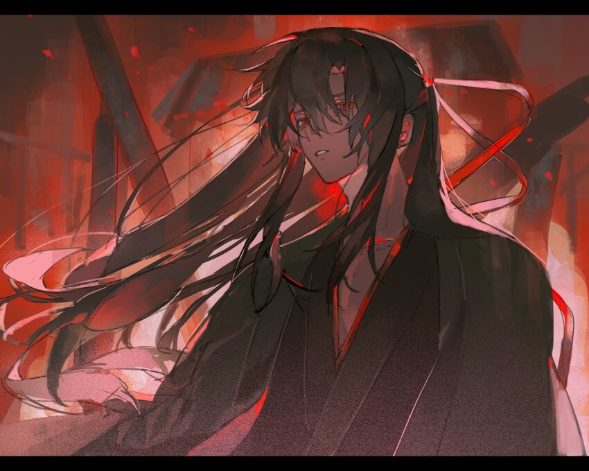 1boy backlighting black_hair black_hanfu burning chinese_clothes coat embers fire floating_hair grey_coat hair_between_eyes hair_down hair_ribbon half_updo hanfu highres letterboxed long_hair long_sleeves looking_at_viewer male_focus modao_zushi night official_alternate_costume official_alternate_hairstyle open_clothes open_coat parted_lips red_eyes red_ribbon red_theme ribbon robe ruins sidelocks solo standing upper_body wei_wuxian wei_wuxian_(yiling_laozu) wind xianyu_tuitui