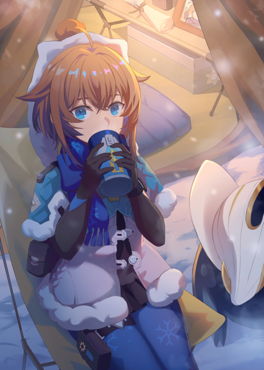 1girl ahoge black_gloves blonde_hair blue_capelet blue_eyes blue_thighhighs camping_chair capelet coat eyebrows_hidden_by_hair flat_chest folding_chair fur-trimmed_coat fur_trim gloves hair_between_eyes highres holding_canteen honkai:_star_rail honkai_(series) looking_at_viewer lynx_landau medium_hair photo_(object) pouch reveen rolled_up_paper snowing solo tent thigh_pouch thighhighs trotter_(honkai:_star_rail) white_coat