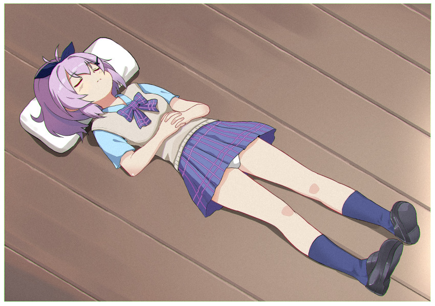 1girl ahoge azur_lane black_shoes blush border bow bowtie brown_sweater_vest chinese_commentary closed_eyes closed_mouth commentary_request cross_hair_ornament from_above full_body hair_ornament hair_ribbon highres javelin_(azur_lane) javelin_(slow_ahead!)_(azur_lane) kuma-bound light_frown loafers lying official_alternate_costume own_hands_together panties pillow plaid_bow plaid_bowtie plaid_clothes plaid_skirt purple_bow purple_bowtie purple_hair purple_shirt purple_skirt purple_socks ribbon shirt shoes short_hair short_sleeves skirt sleeping socks solo sweater_vest thighs underwear white_border white_panties wooden_floor