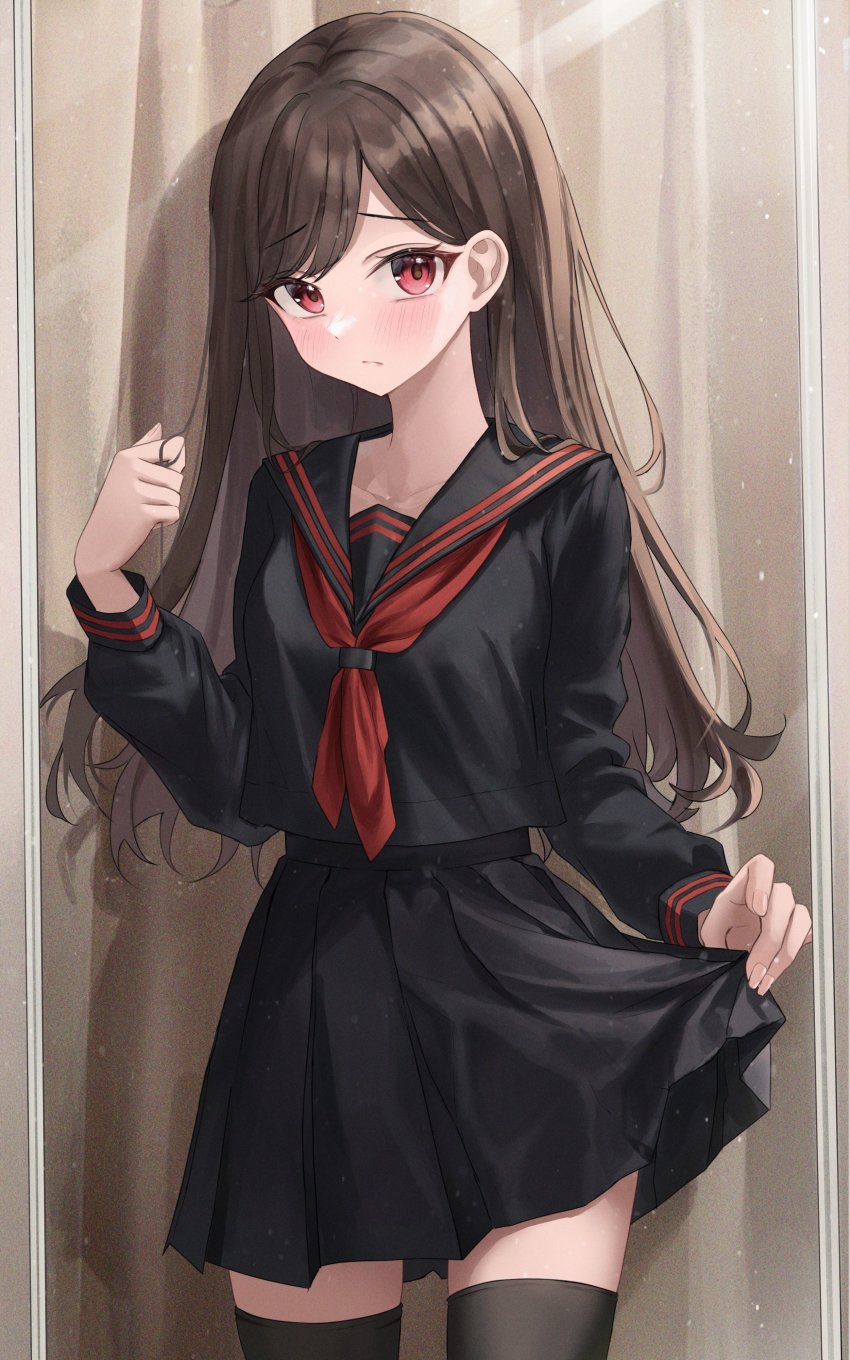1girl :/ absurdres black_sailor_collar black_serafuku black_shirt black_skirt black_thighhighs blush breasts brown_hair closed_mouth commentary_request cowboy_shot curtains hair_behind_ear hand_up highres holding holding_own_hair long_hair long_sleeves medium_breasts neckerchief original pleated_skirt raised_eyebrows red_eyes red_neckerchief sailor_collar school_uniform serafuku shirt sidelocks skirt solo standing swept_bangs thighhighs ttusee5 zettai_ryouiki