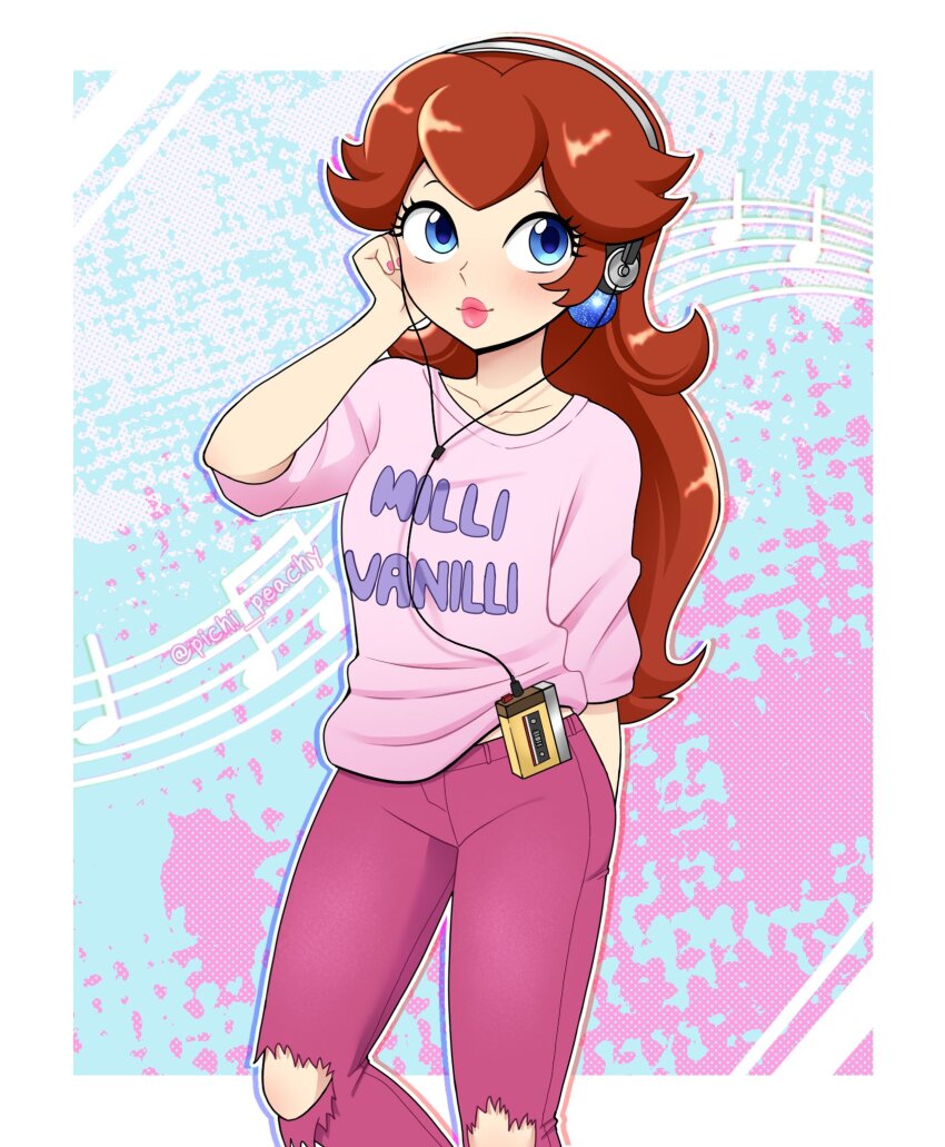 1girl artist_name bare_shoulders beamed_eighth_notes blonde_hair blue_background blue_eyes blue_outline border breasts brown_hair casual closed_mouth clothes_writing collarbone cutoffs denim earrings eyelashes fingernails hand_on_headphones headphones highres jeans jewelry light_blush lips long_hair looking_away mario_(series) medium_breasts musical_note nail_polish nintendo outline pants pichi_peachy pink_background pink_lips pink_nails pink_shirt princess_peach purple_pants red_outline shirt sleeves_pushed_up smile musical_staff the_adventures_of_super_mario_bros._3 thick_lips twitter_username walkman white_background white_border white_outline