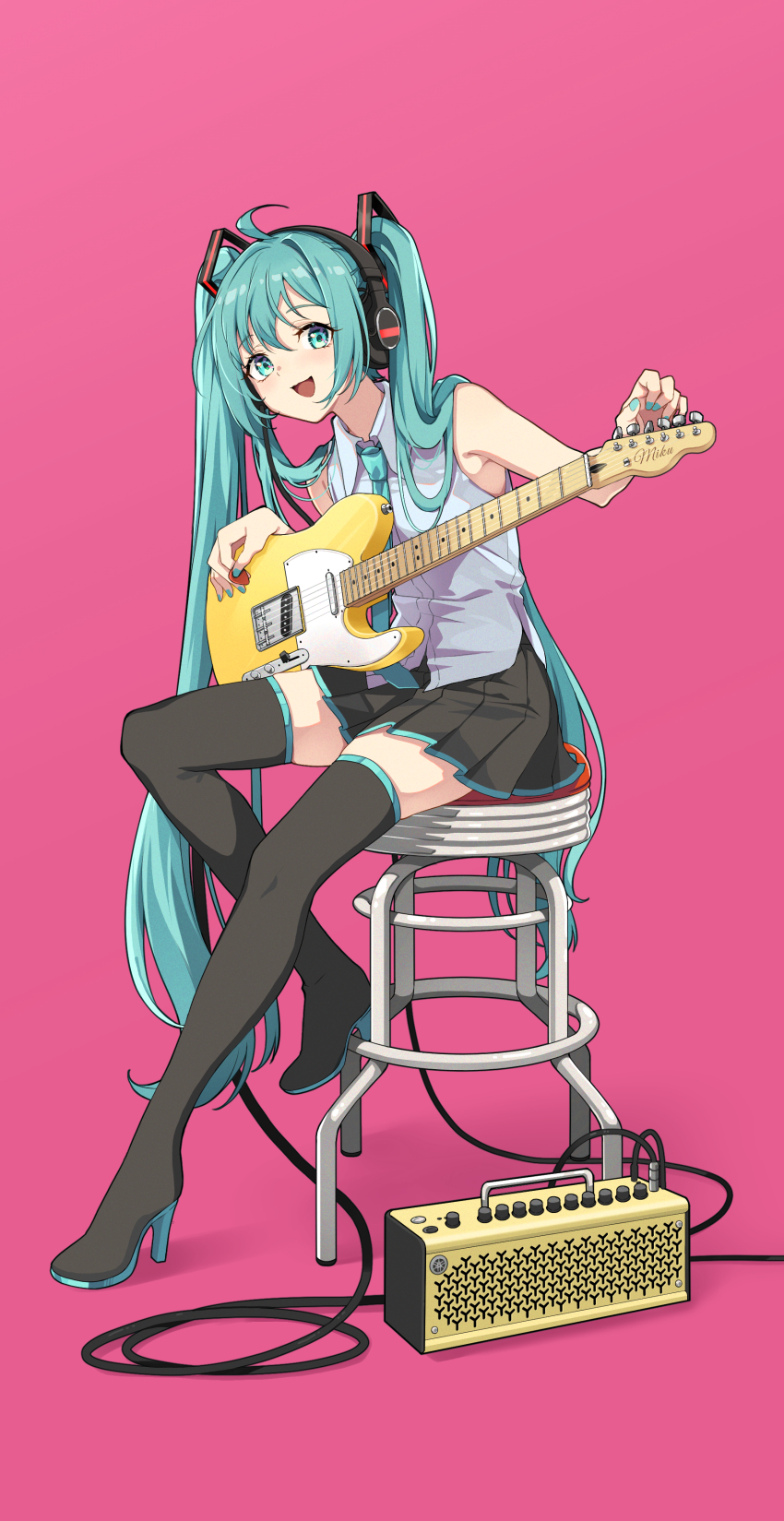 1girl absurdres amplifier aqua_eyes aqua_hair black_boots boots cable electric_guitar fender_telecaster guitar hatsune_miku headphones high_heel_boots high_heels highres instrument long_hair nail_polish necktie retsuna simple_background sitting sleeveless solo stool thigh_boots thighhighs very_long_hair vocaloid zettai_ryouiki